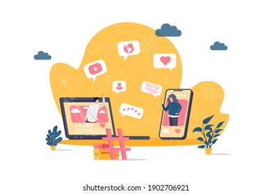 Concepto de red social de estilo plano. Escena de chat de amigos en línea. Comunicación de la comunidad de Internet, contenido de medios sociales y mensajería. Ilustración vectorial con personajes de personas en situación.