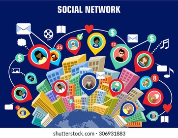 Social network concept. Flat style. Infographic design. Communication systems and technologies.
Vector illustration
