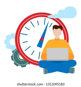 Social network concept. Freelance remote work. Working man sitting with a computer.  Flat cartoon style vector illustration isolated on white background