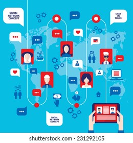 Social network concept. Global communication, infographic elements. Vector illustration