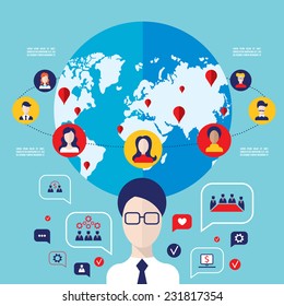  Concepto de red social. Comunicación global, elementos infográficos. Ilustración del vector