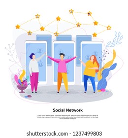 Social network concept. Group of young people discussing popularity in the virtual Internet space. Application development for mobile phones, gadgets and devices. Flat vector illlustration.