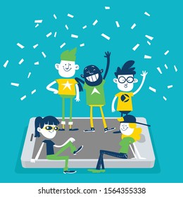 Social network concept.  A group of young people hanging out on the mobile screen