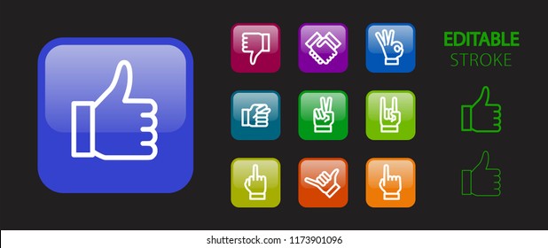 Social Network Concept. Hand Gesture Buttons. 3d Icon Set. Glossy Colorful Website Icons. Editable Stroke. Vector Illustration. 