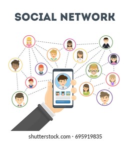 Social network concept. Hand holding smartphone with connections.