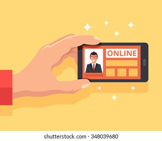 Social network concept. Hand holds smartphone. Vector flat illustration