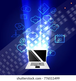 Social network concept. Icons fly over a laptop. Vector illustration.