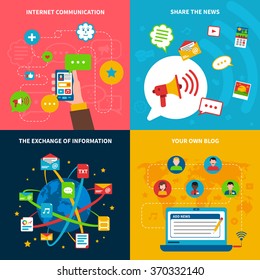 Social network concept icons set with internet communication and exchange of information symbols flat isolated vector illustration 