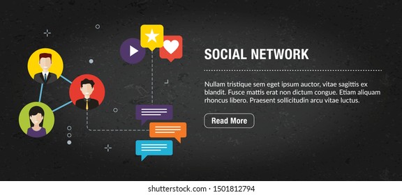Social network concept. Internet banner with icons in vector. Web banner for business, finance, strategy, investment, technology and planning.
