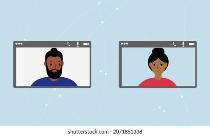 Social network concept. Internet communication. Video conferencing, online friendship, online love, communication with relatives. Vector flat illustration