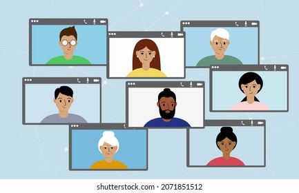 Social network concept. Internet communication. Video conferencing, work from home, social distancing, business discussion, online friendship, online love. Vector flat illustration