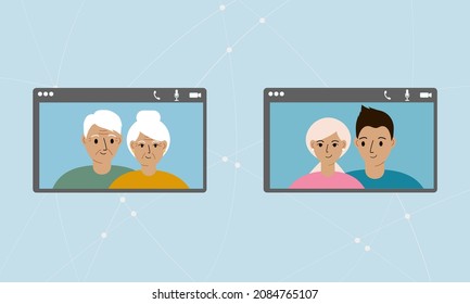 Social network concept. Internet communication between relatives, video conference. A couple of elderly parents interact with older children. Vector flat illustration