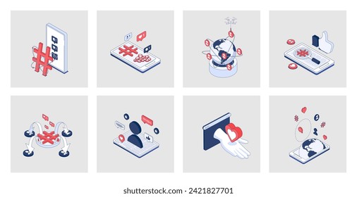 Social network concept of isometric icons in 3d isometry design for web. Online communication and internet connection, chatting with emoticon, post comments, hashtags and likes. Vector illustration