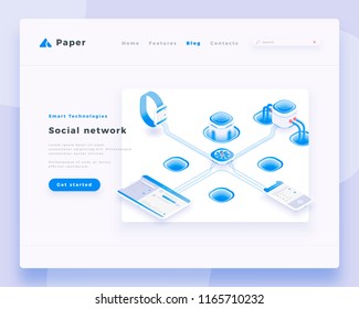 Social network concept landing page header template. 3d isometric vector illustration.