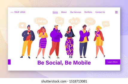Social network concept for landing page template. Group of young, modern, people characters chatting using smartphone. Virtual communication theme. Trendy Vector illustration for website, web page. 