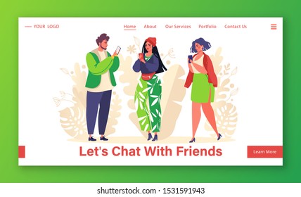 Social network concept for landing page template. Young people characters chatting using smartphone. Vector illustration in flat cartoon style for website or web page. Virtual communication concept. 