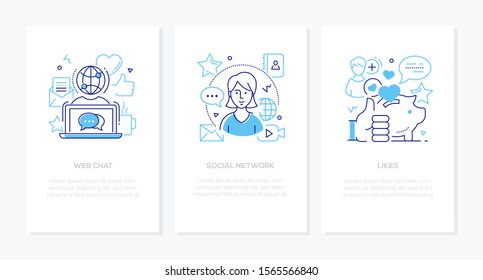 Social Network Concept - Line Design Style Banners With Place For Your Text. Web Chat, Likes, Smm Specialist Ideas, Linear Illustrations With Icons. Promotion, Digital Marketing, Communication Theme