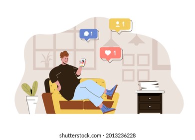 Concepto de red social. Hombre leyendo posts, me gusta y comenta sobre la situación de los smartphones. Escena de personas de comunicación en línea. Ilustración vectorial con diseño de carácter plano para sitio web y sitio móvil