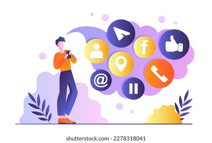 Social network concept. Man with smartphone communicates with friends and consumes interesting content in app. Entertainment on Internet and chat in messenger. Cartoon flat vector illustration