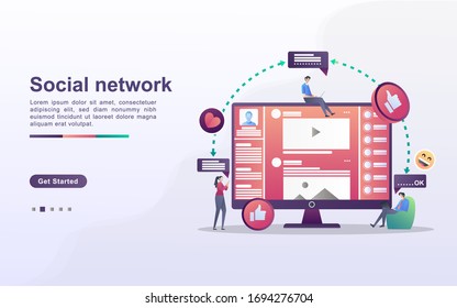 Social network concept. Men and women use social media. Get to know and chat on social media. Interact and offer business. Can use for web landing page, banner, flyer, mobile app. Vector Illustration