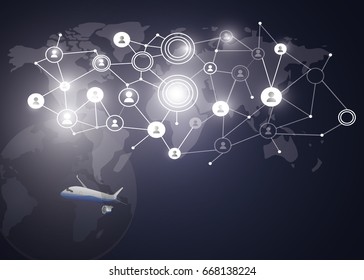 Social network concept. Mixed media plane flight on the map. Rest, fly by plane across countries.