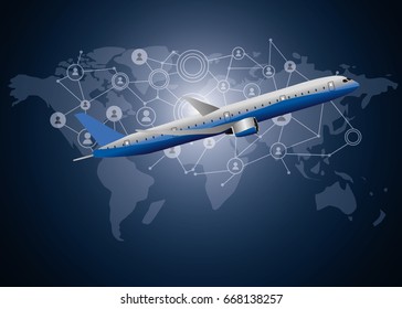 Social network concept. Mixed media plane flight on the map. Rest, fly by plane across countries.