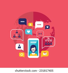 Social network concept  Mobile smart phone with speech bubbles and business icons Infographic elements