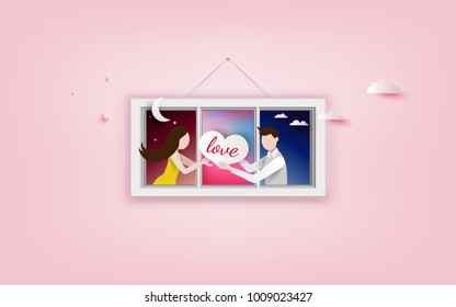 Social network concept Modern flat  design. Man giving his heart for woman in another place.
