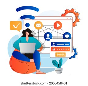 Social network concept in modern flat design. Woman gets access to profile with password and login, sends messages and views digital content in social media. Online communication. Vector illustration