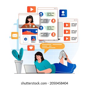 Social network concept in modern flat design. Woman chatting with friends, likes posts and browsing social media using laptop at home. Online communication and virtual community. Vector illustration