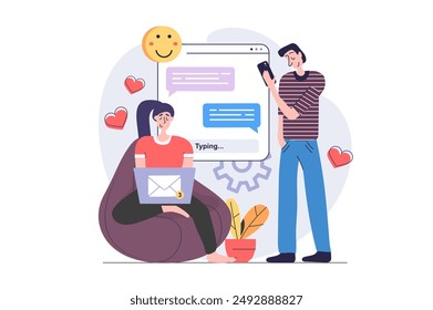Concepto de red social en diseño plano moderno para el Web. Mujer y hombre enviando mensajes en App de citas, charlando con amigos y usando emoji y corazones, compartiendo información en línea. Ilustración vectorial.