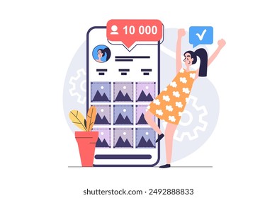Social network concept in modern flat design for web. Woman making posts with photos in online blog, getting new follower subscriptions, developing her profile in mobile app. Vector illustration.