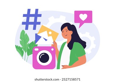 Conceito de rede social em design plano moderno para web. Mulher compartilhando novas postagens com fotos, usando hashtags para promoção online, coletando curtidas e corações dos amigos que seguem. Ilustração vetorial.
