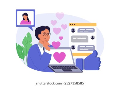 Social network concept in modern flat design for web. Man and woman communicating online in date app, sending romantic messages in chat and flirting, contacting by internet. Vector illustration.