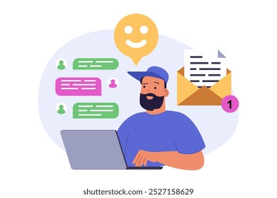 Social network concept in modern flat design for web. Man connecting online with global friends, chatting and leaving comments and reactions at forums, sending emails by laptop. Vector illustration.