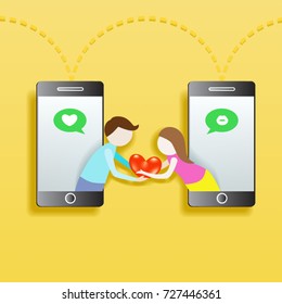 Social network concept Modern flat  design. Man giving his heart for woman on Chat messages notification on smartphone.