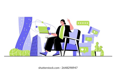 Conceito de rede social para web design moderno. Pessoas fazendo posts on-line, assistindo conteúdo, coletando curtidas, deixando comentários, seguindo blogs. Ilustração de vetor plano isolada em fundo branco.