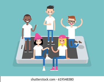 Social network concept. A multinational group of young people hanging out on the mobile screen / flat editable vector illustration, clip art