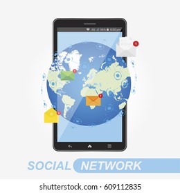 Social Network Concept. New Message In Smartphone On Background World Map, Notification Icons. Flat Vector Illustration EPS 10