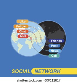 Social network concept on background world map on the topic of communication on the Internet and communication with the outside world. Communicating in social networks and on the phone.