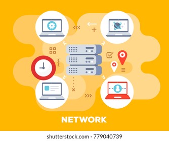 Social network concept on yellow background with title. Vector bright illustration of big data server is connected to laptops with clock icon. Flat style design for web, banner, business presentation