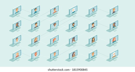 Social network concept. Online connection. global structure networking and data exchanges. Teamwork during coronavirus COVID-19 outbreak. Flat vector illustration.