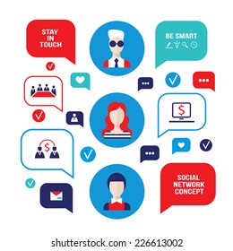 Social network concept. People avatars with speech bubbles and business icons for web. Vector illustration
