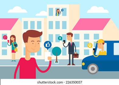 Social network concept - people in the city are using their smartphones. Flat style vector illustration for web