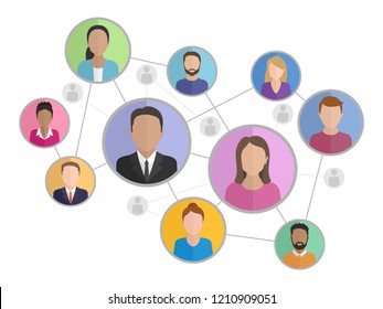 Social network concept - people community - different people icons or avatars connected to each other by lines - flat vector illustration
