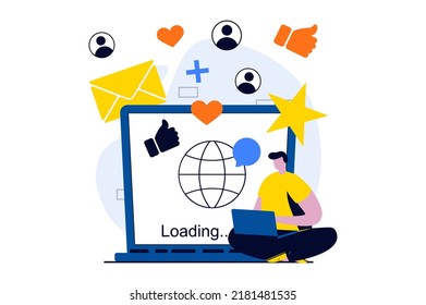 Social network concept with people scene in flat cartoon design. Man registers in social network, writes messages, posting photo, likes and adds friends. Vector illustration visual story for web