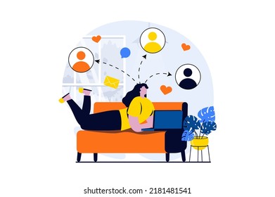 Social network concept with people scene in flat cartoon design. Woman writes and sends messages to contacts, online communication and distant friendship. Vector illustration visual story for web