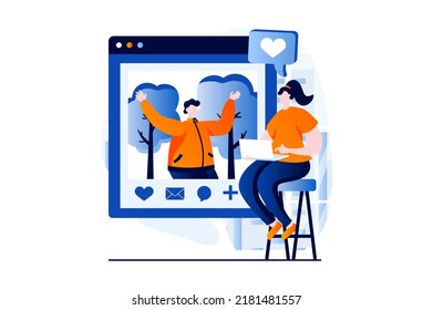 Social network concept with people scene in flat cartoon design. Woman looks at man's online profile, likes and comments on his posts with photos using laptop. Vector illustration visual story for web