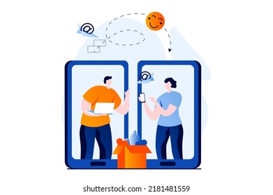 Social network concept with people scene in flat cartoon design. Man and woman communicate online, send messages and gifts to each other using mobile apps. Vector illustration visual story for web