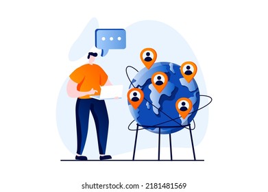 Social network concept with people scene in flat cartoon design. Man communicates online with different people around world using chats, messengers and laptop. Vector illustration visual story for web